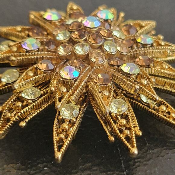 Starburst Brooch Pin Gold Tone Brown and White Rhinestones - Picture 2 of 9